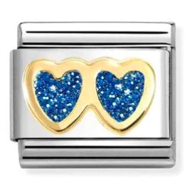 NOMINATION CLASSIC GLITTER,STEEL, ENAMEL, 18K GOLD DOUBLE BLUE HEART 030220-11