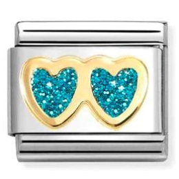 NOMINATION CLASSIC GLITTER,STEEL,ENAMEL,18K GOLD DOUBLE HEART LIGHT BLUE 030220-12