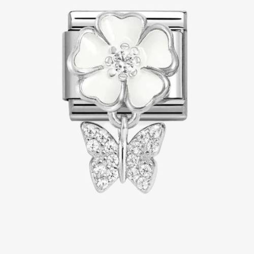 Nomination CLASSIC Silvershine White Flower Butterfly Dropper Charm 331814-05 - 0